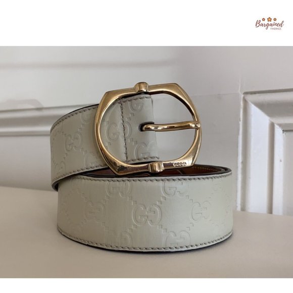 Authentic Gucci Cream GG Embossed Signature Leather Gold Pin Buckle Belt 90/36 - Picture 12 of 13